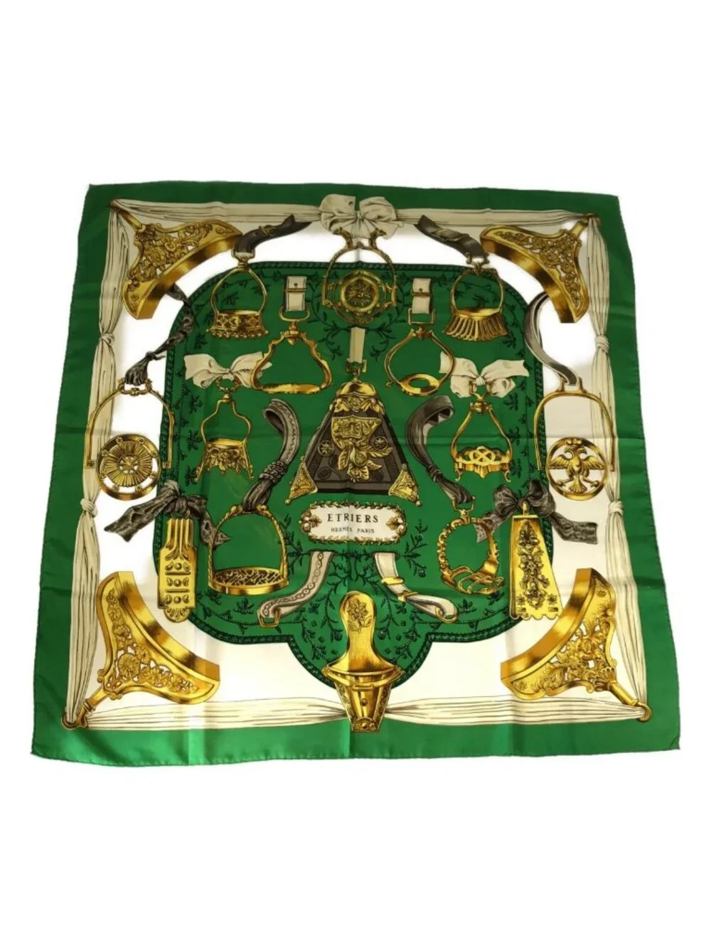 Hermes Carre 90 Etriers Armor Pattern Silk Scarf Green White